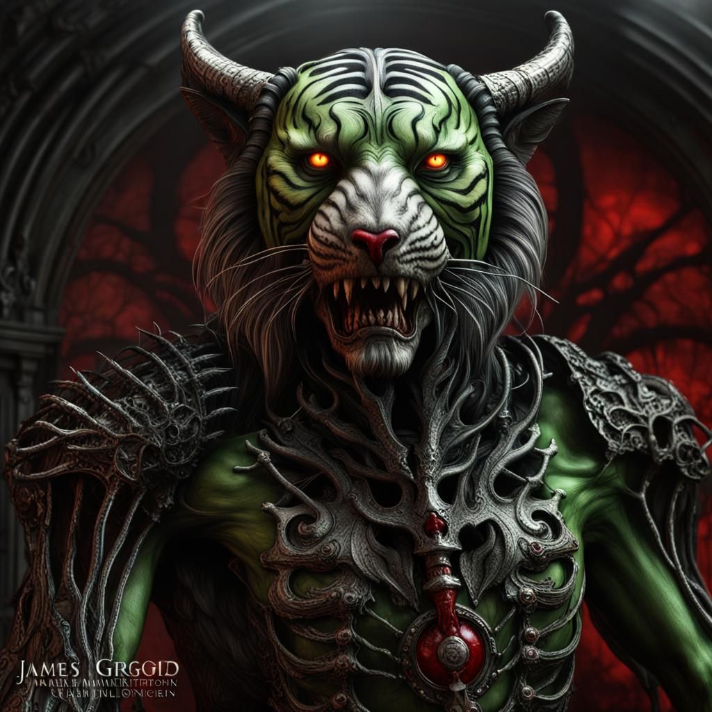 Gothic Undead Tiger-Goat Hybrid in Hyperrealistic Style