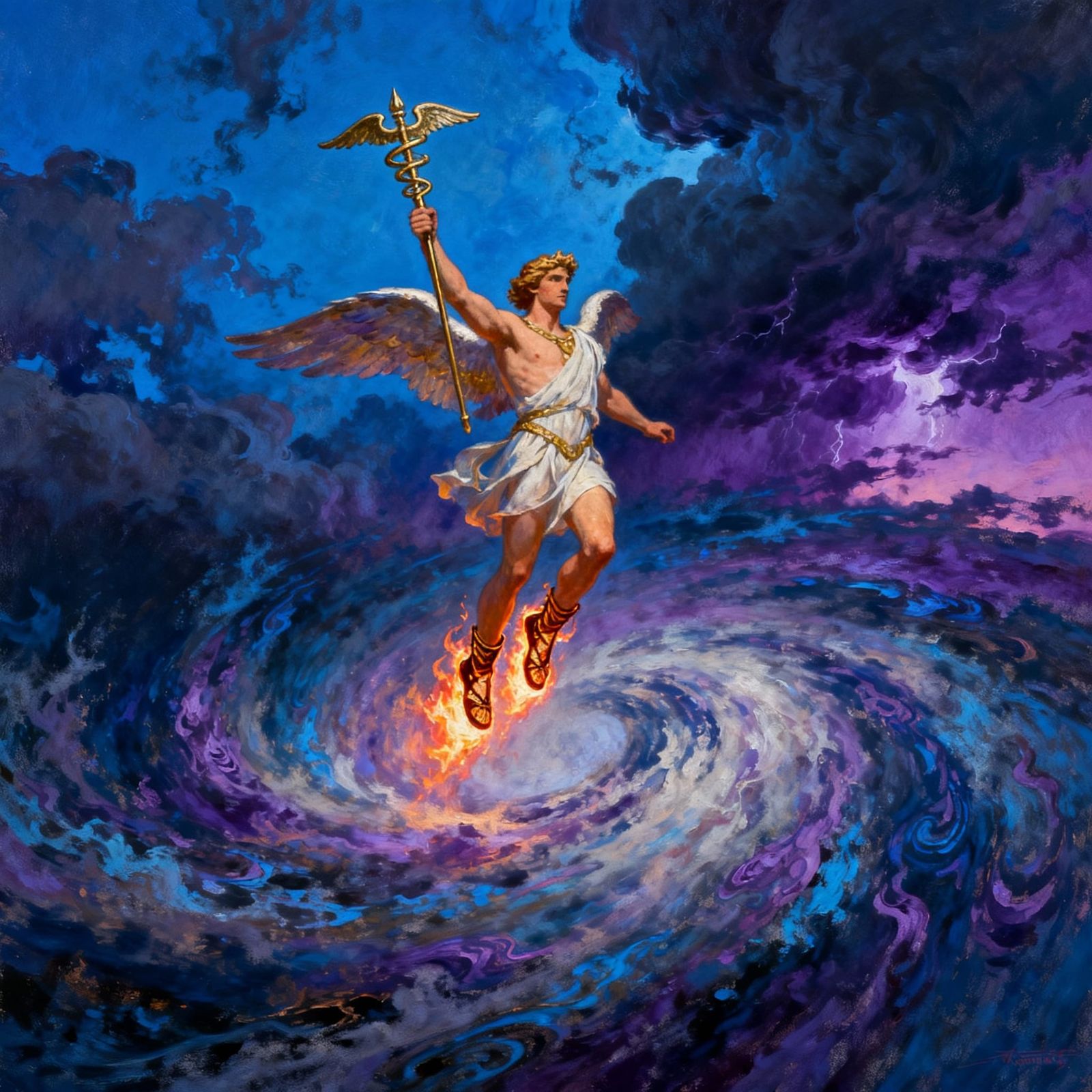 Hermes Descends in Stormy Sky, Epic Fantasy Art