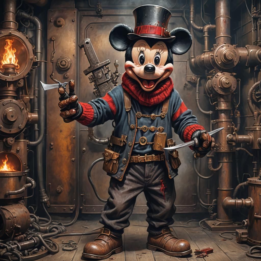 A Hyperrealistic demonic Mickey Mouse with bright fiery eyes, dressed as Freddy Kruger from the Nightmare on Elm Street ...
