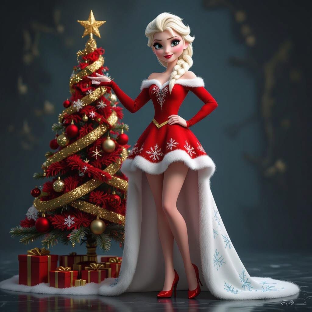 Disney Elsa in Pin-Up Christmas Style 3D Render
