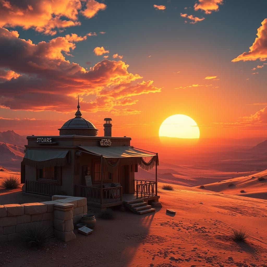 Desert Oasis in Tatooine's Golden Light