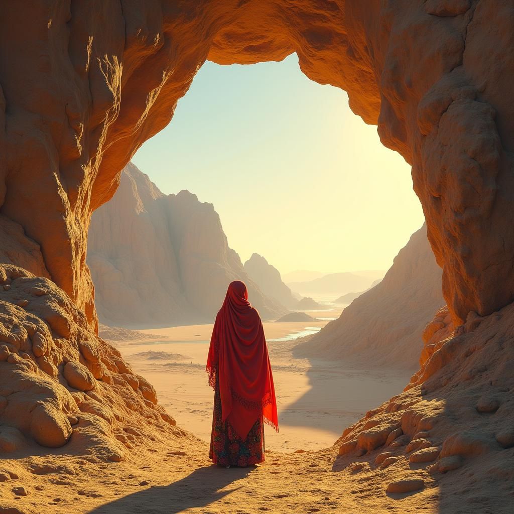 Yemeni Woman at Cave Entrance in Mountain Landscape