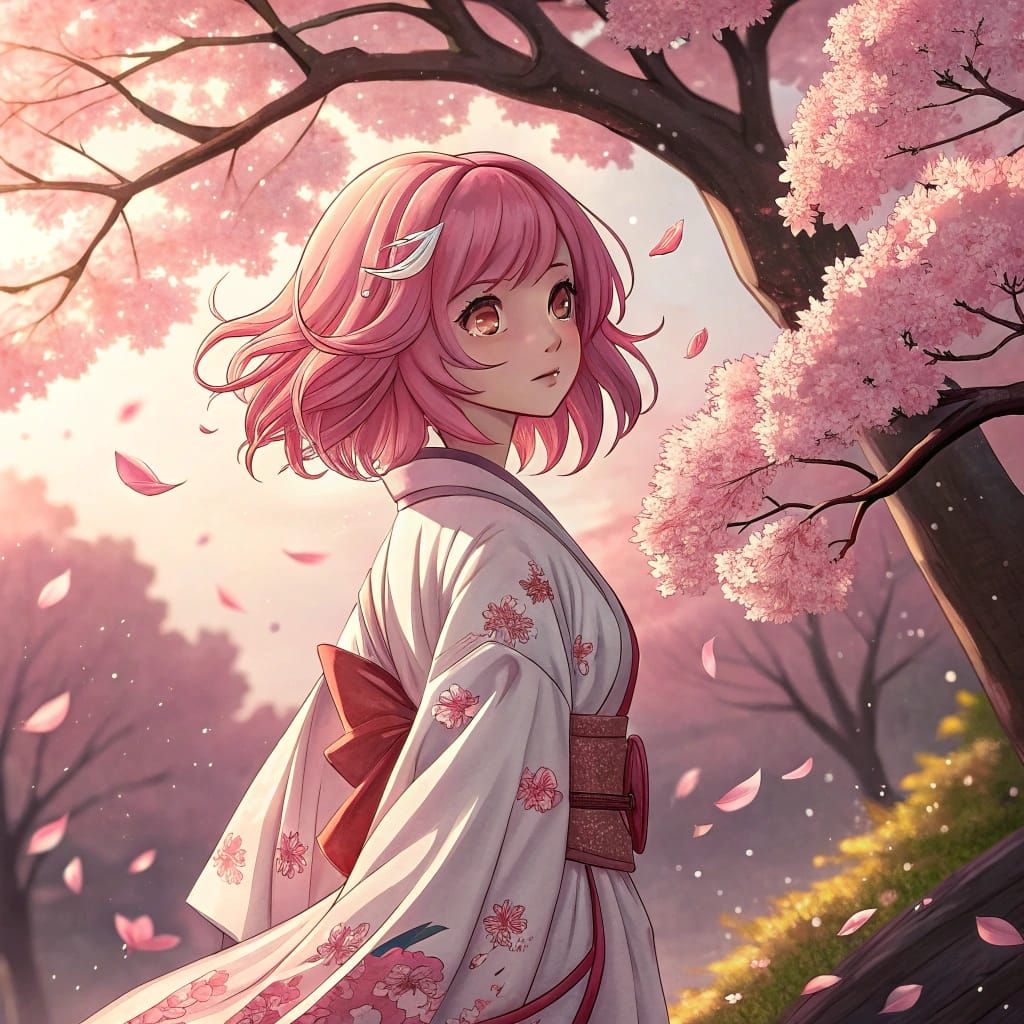 Anime Girl with Pink Hair Under Sakura Tree