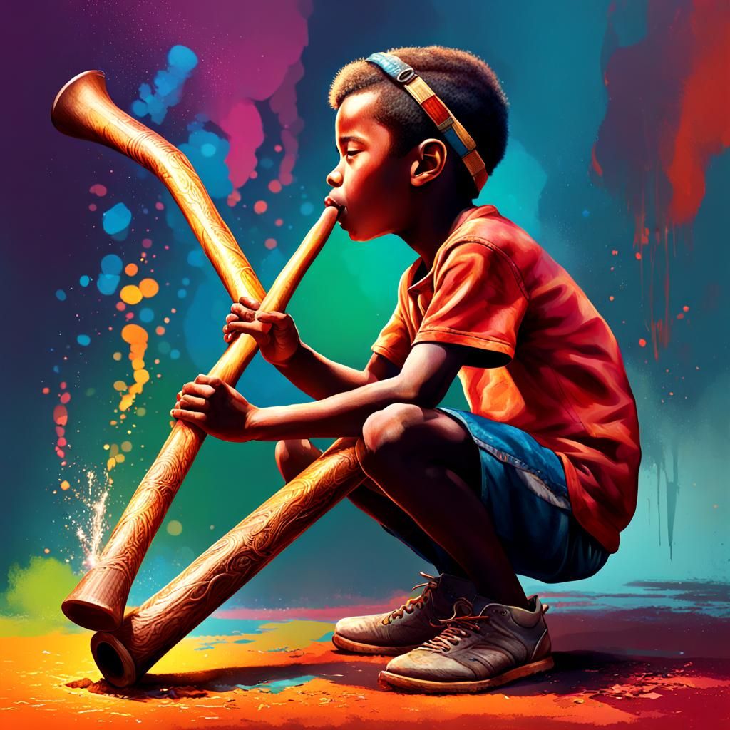 Child Plays Didgeridoo in Splash Art Style