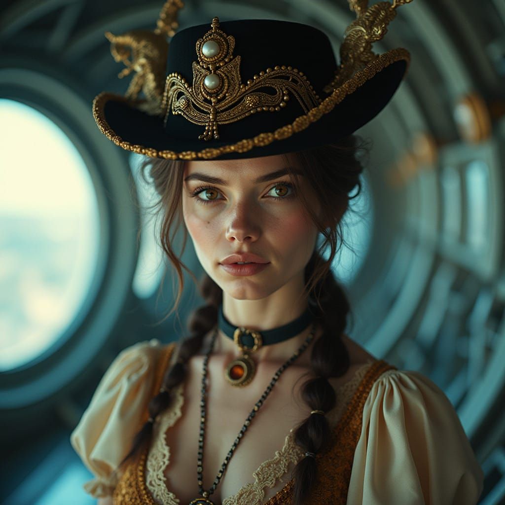 Elegant Space Pioneer in Retro-Futuristic Museum