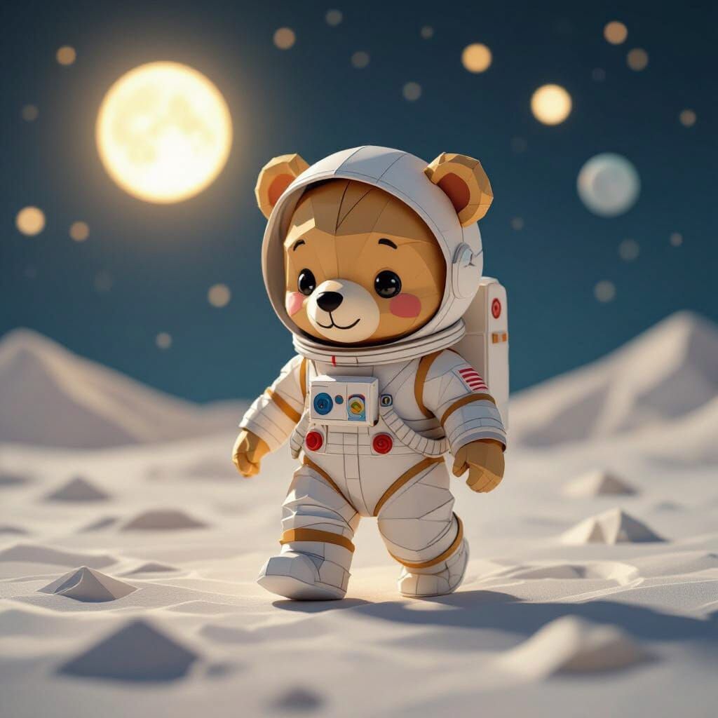 Baby Bear Astronaut on Moon in Origami Style