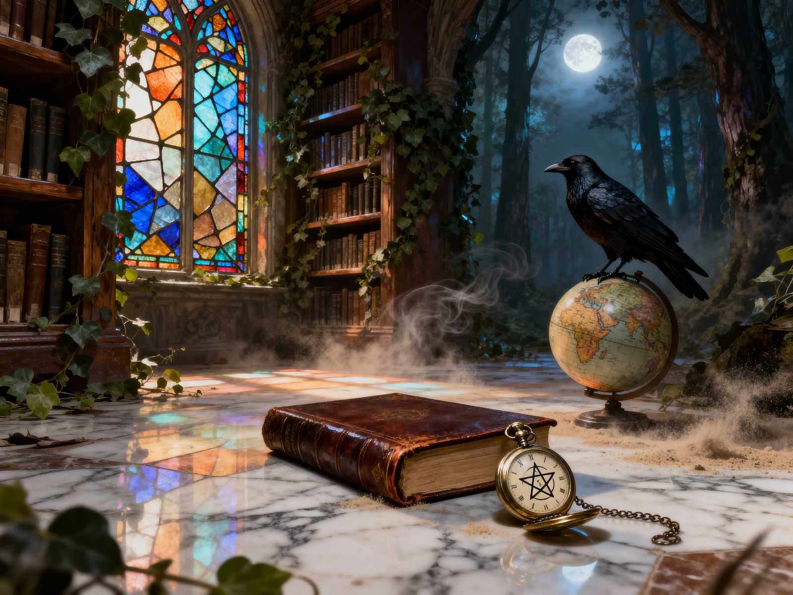 Moonlit Forest Library with Stained Glass and Raven