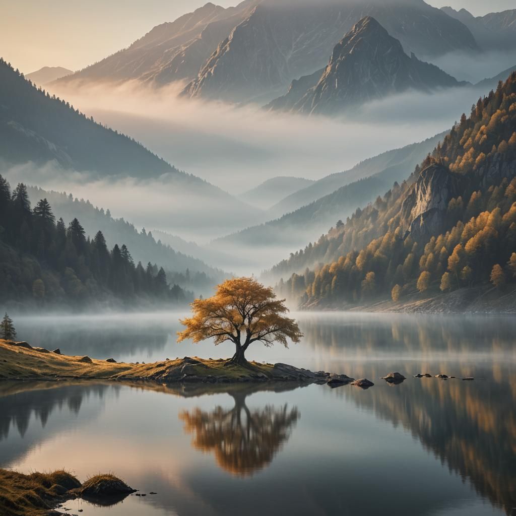 Misty Mountain Lake: Hyper-Realistic HDR Landscape