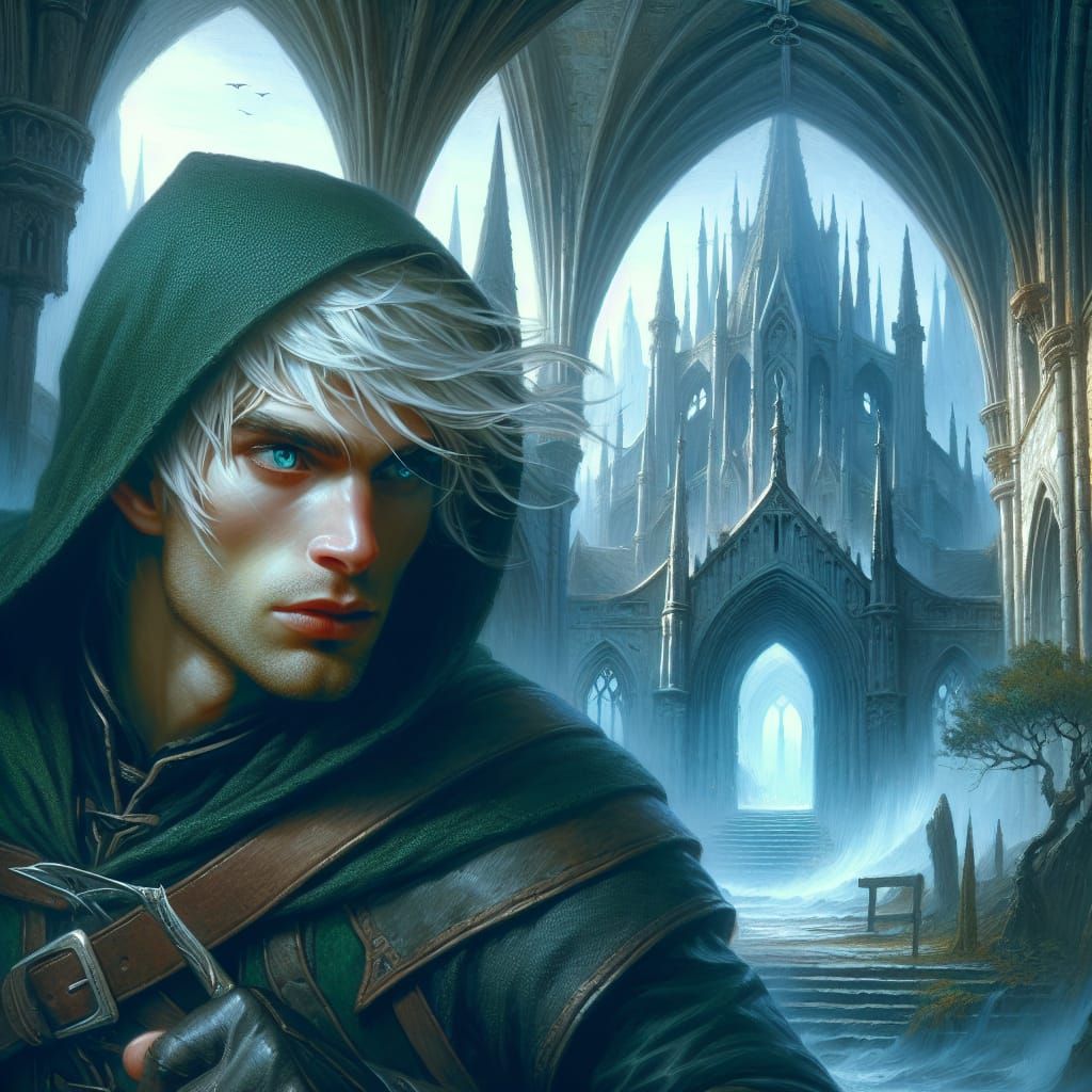 Elven Rogue Sneaking Around Gothic Monastery