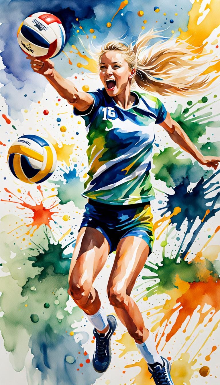 Young Volleyball Player in Full Swing: Watercolor Art