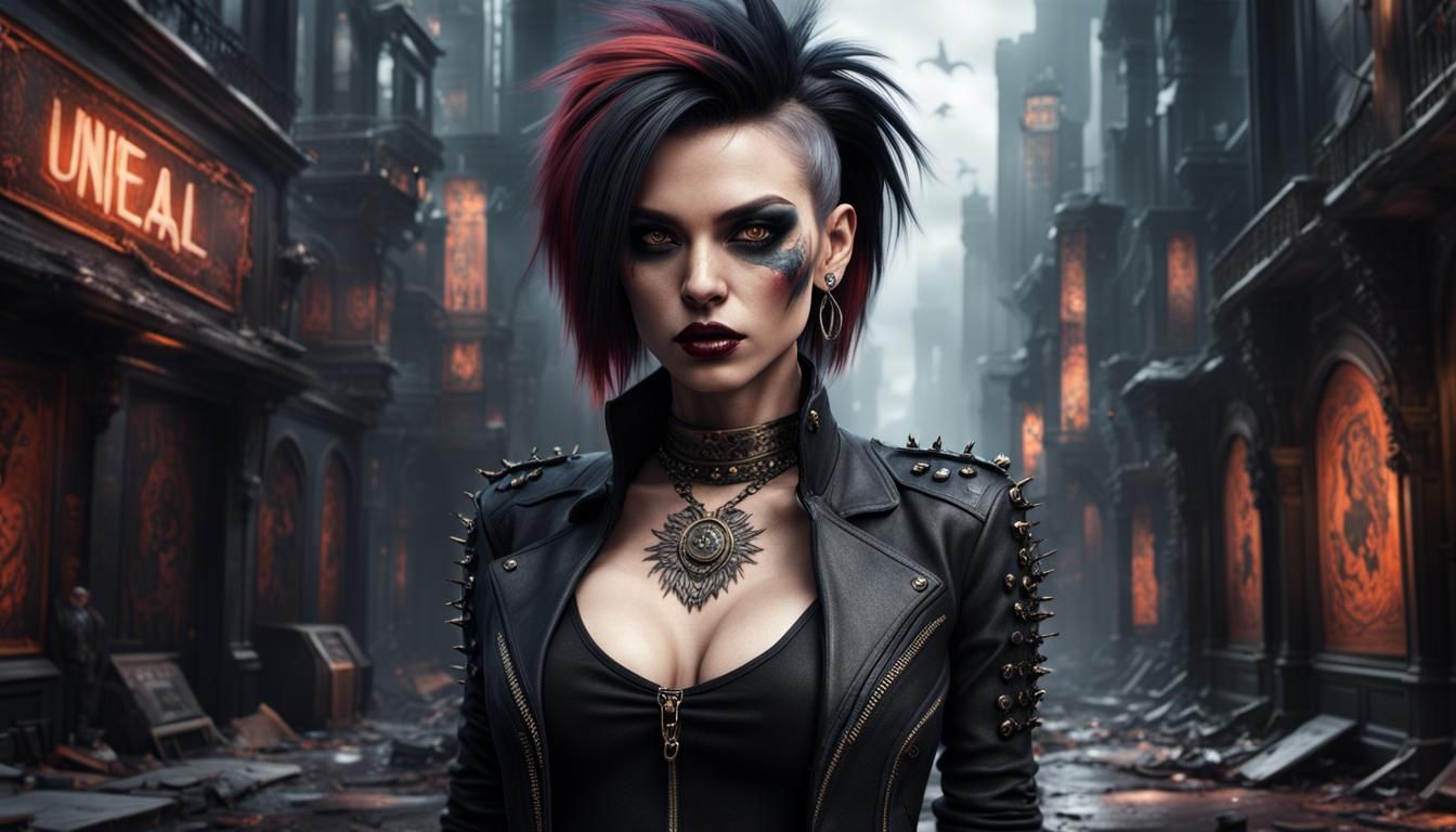 Punk Woman in Revealing Black Clothes: Detailed Matte Painti...