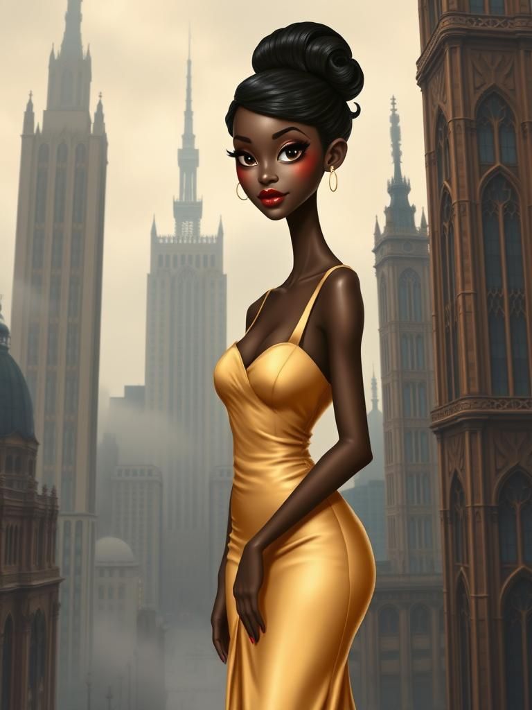 Ethereal Woman in Golden Gown, Baroque Cityscape