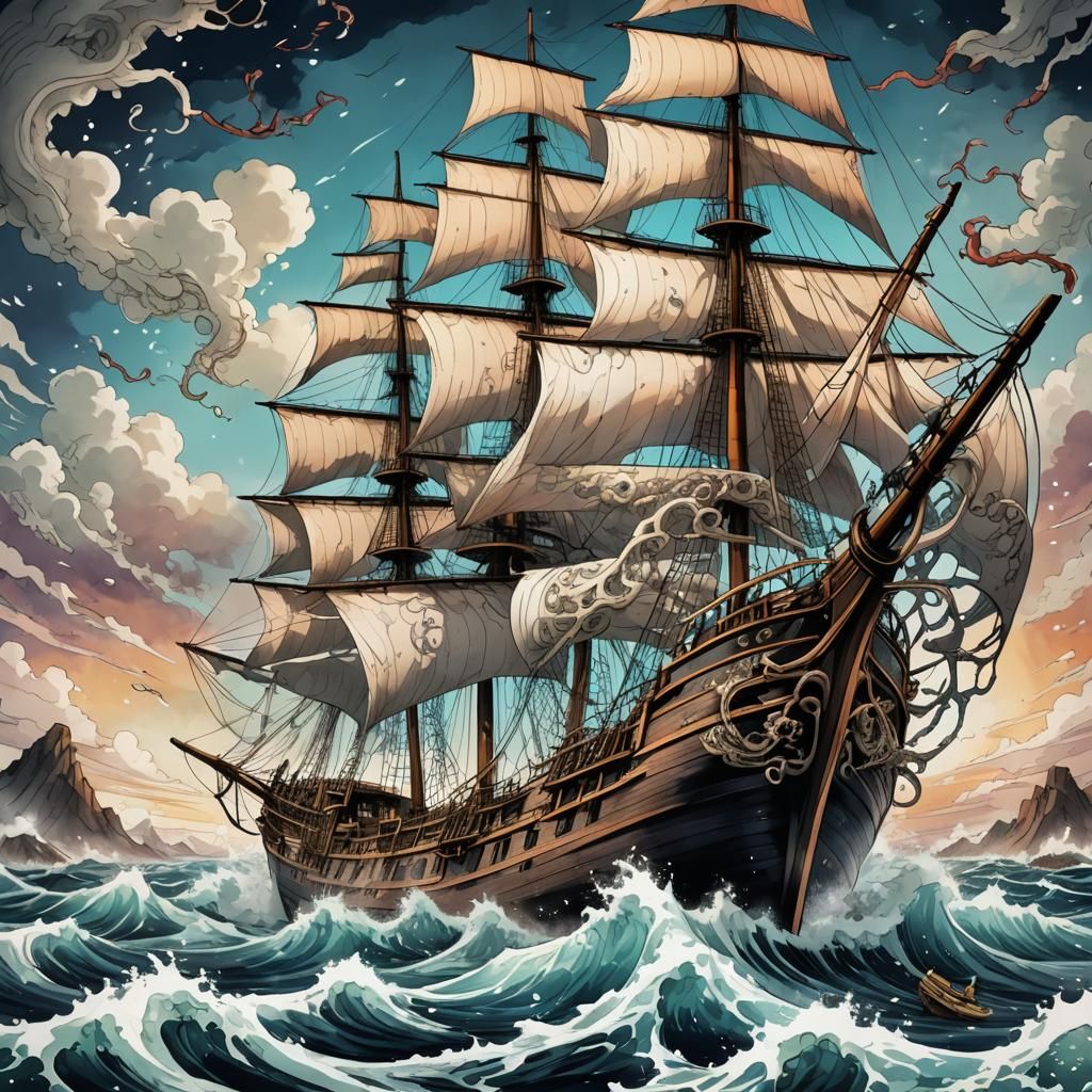Sailboat Engulfed by Dark Sea Monsters in Anime Style
