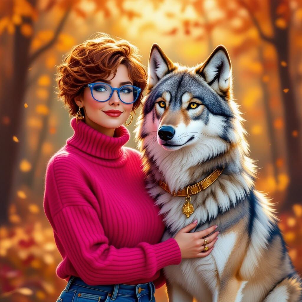 Woman and Wolf in Autumnal Forest, Expressive Sculpture