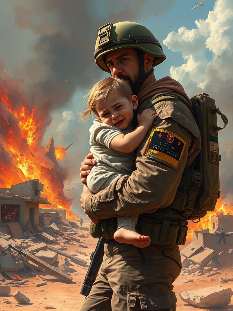 Soldier with Child in War Zone: Hyperrealistic Art