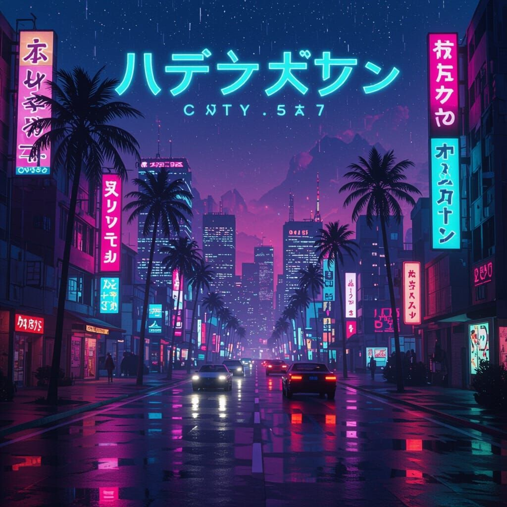 Vaporwave Cityscape with Neon Lights and Typography