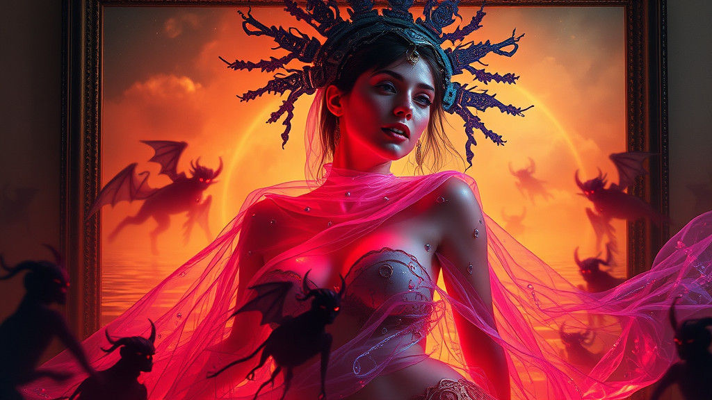 Woman in Painting Surrounded by Demons: Photorealistic