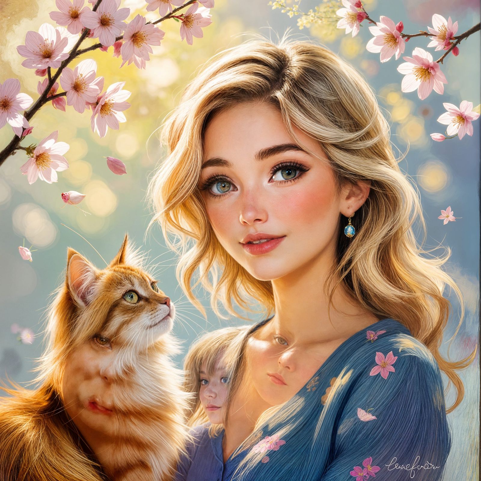 Cherubic Blonde Lady and Cat Amidst Glowing Blossoms
