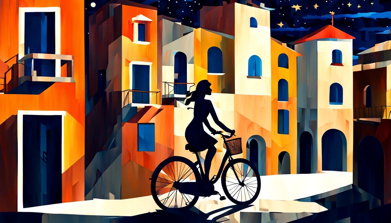 Woman Cycling in Italian Village: Cubist Art Deco