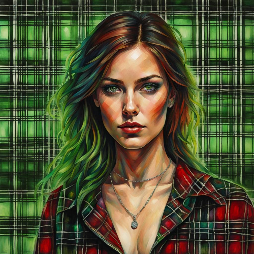 Scottish Plaid Tattoo Portrait in Watercolor Punk Style