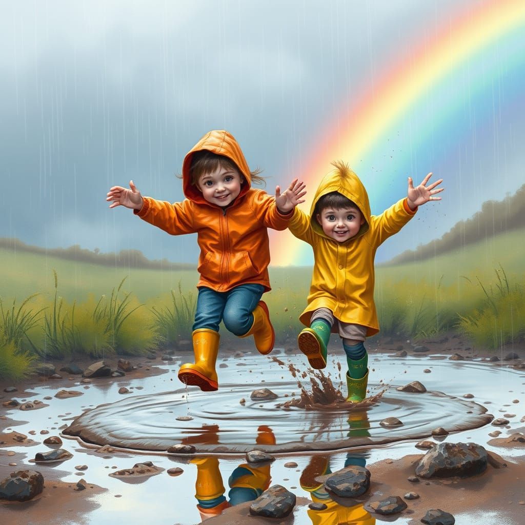 Kids Play in Mud Puddle on Rainy Day