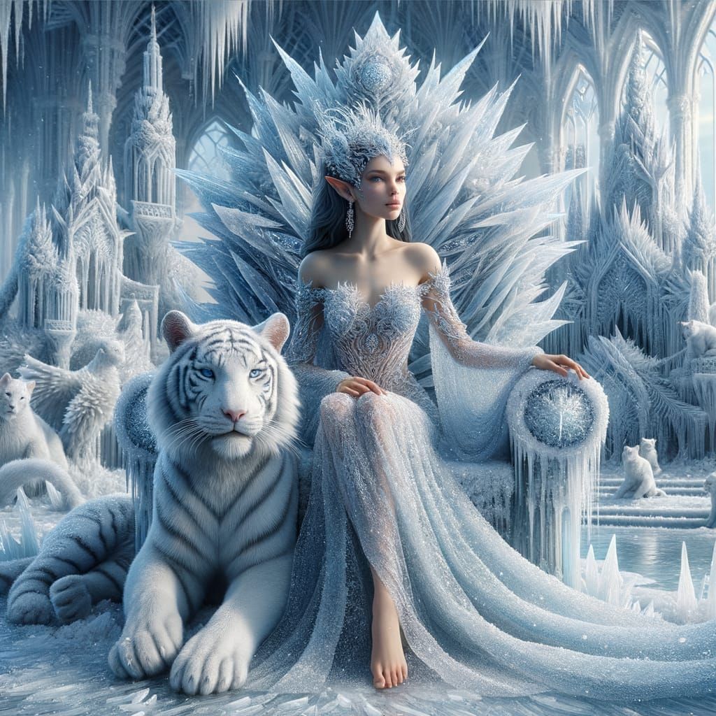 Ethereal Elf Queen in Ice Palace with Majestic Tiger