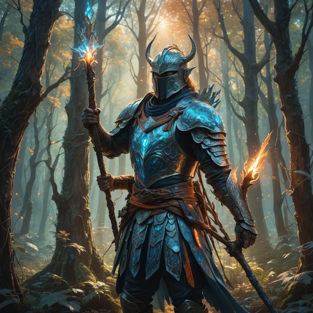 Fantasy Warrior in Iridescent Forest Concept Art