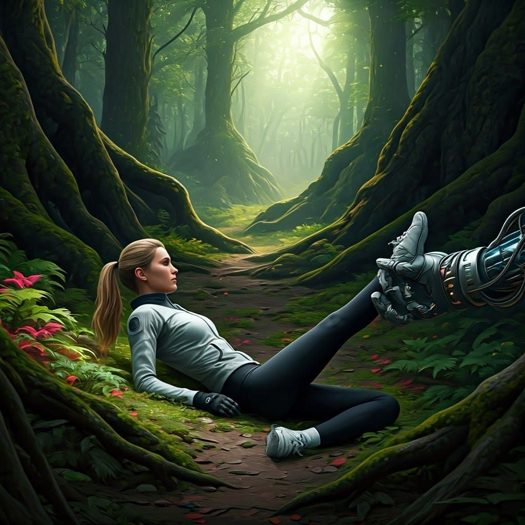 Robot Hand Grabs Woman in Mystical Forest