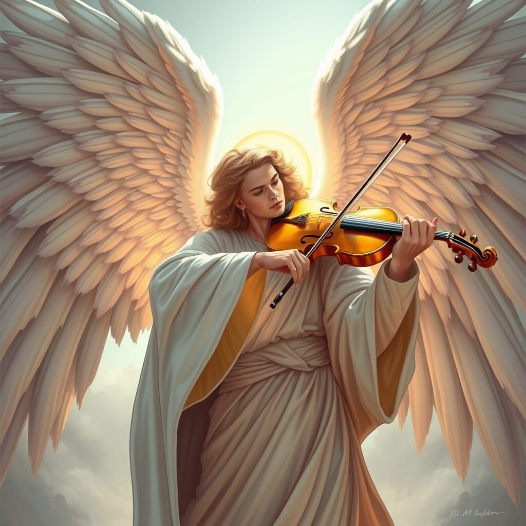 Angel Plays Golden Violin in Soft Ethereal Glow