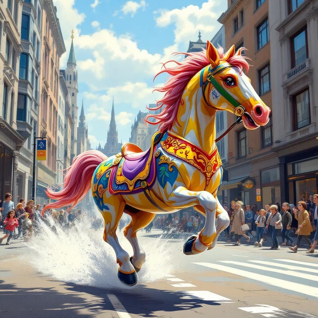 Whimsical Carousel Horse Runs Wild in City