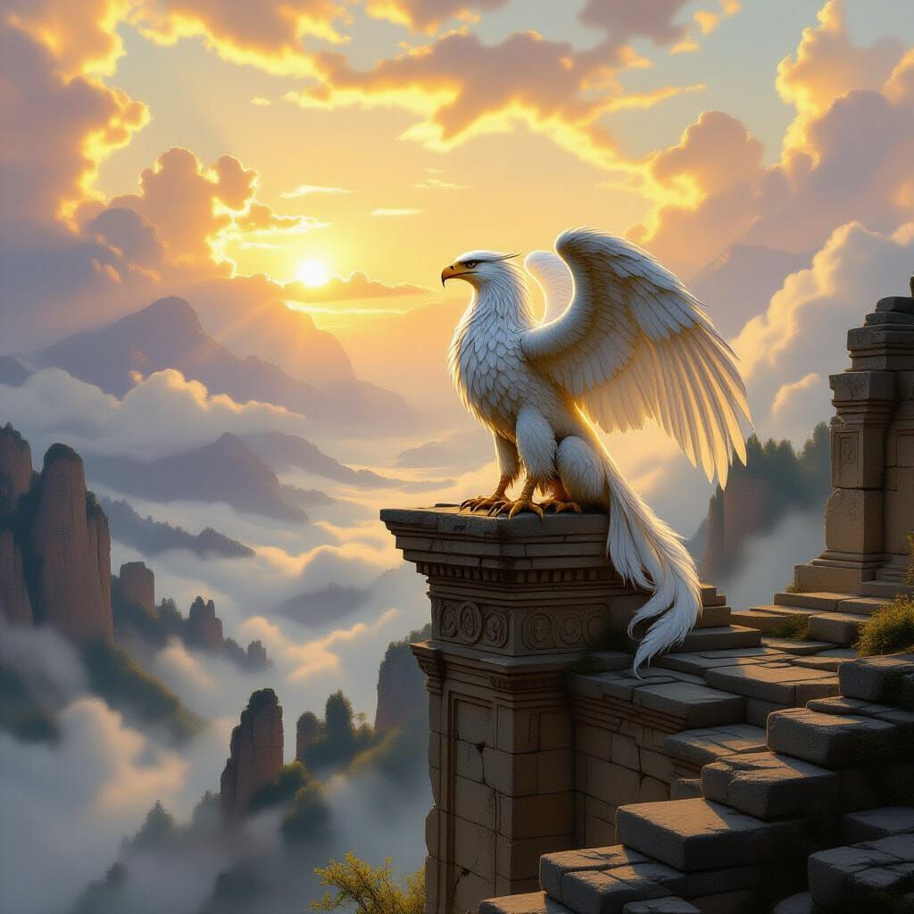 Majestic Griffin Over Mist Valley at Dawn, Classical Oil Pai...