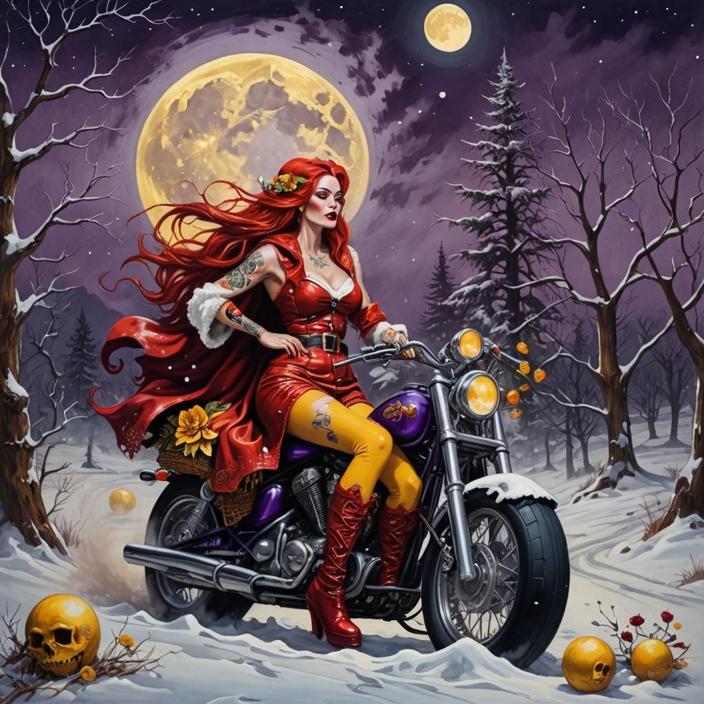 Mrs. Claus on Chopper: Surrealism in Street Art Style