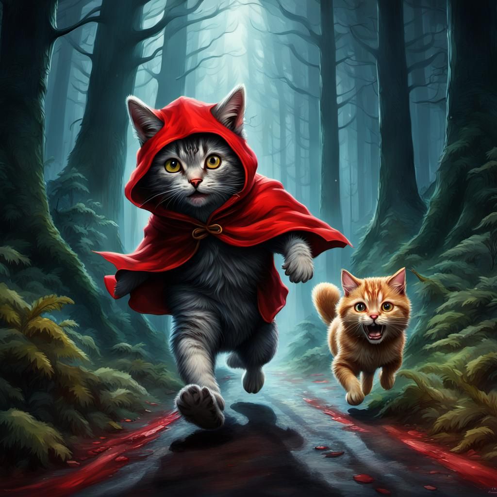 Cat as Little Red Riding Hood in Dark Forest