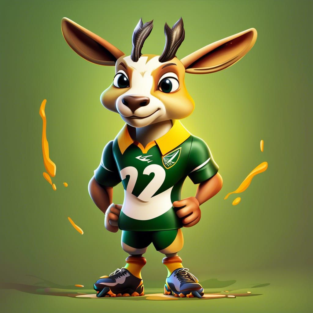Cartoon Springbok Mascot in Hyperrealistic Splash Art