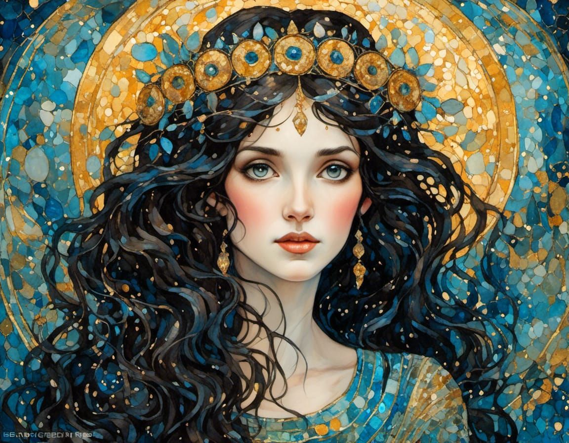 Beautiful Dark-Haired Princess Painting with Klimt Influence