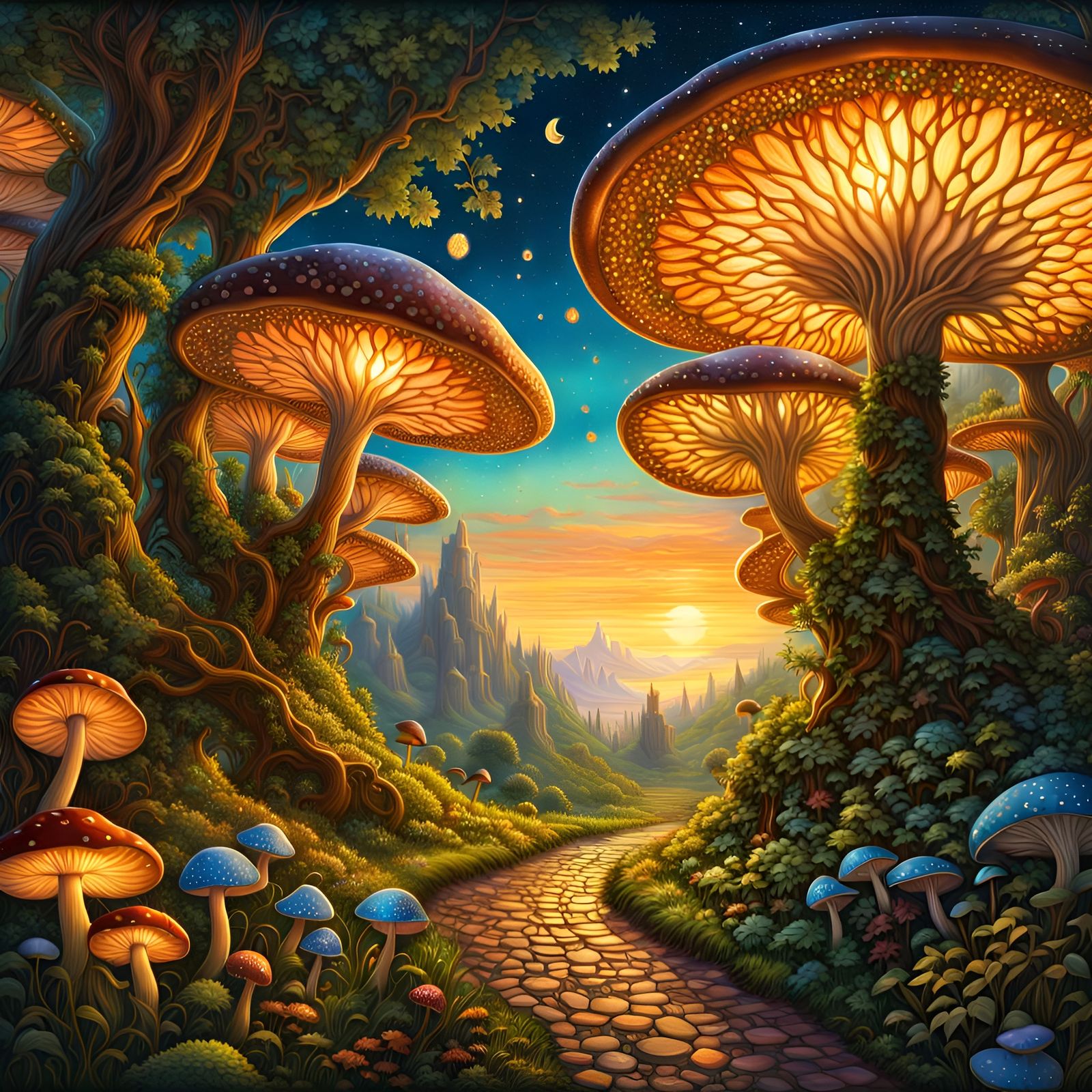 Enchanted Fae Brick Road in Stained Glass Landscape