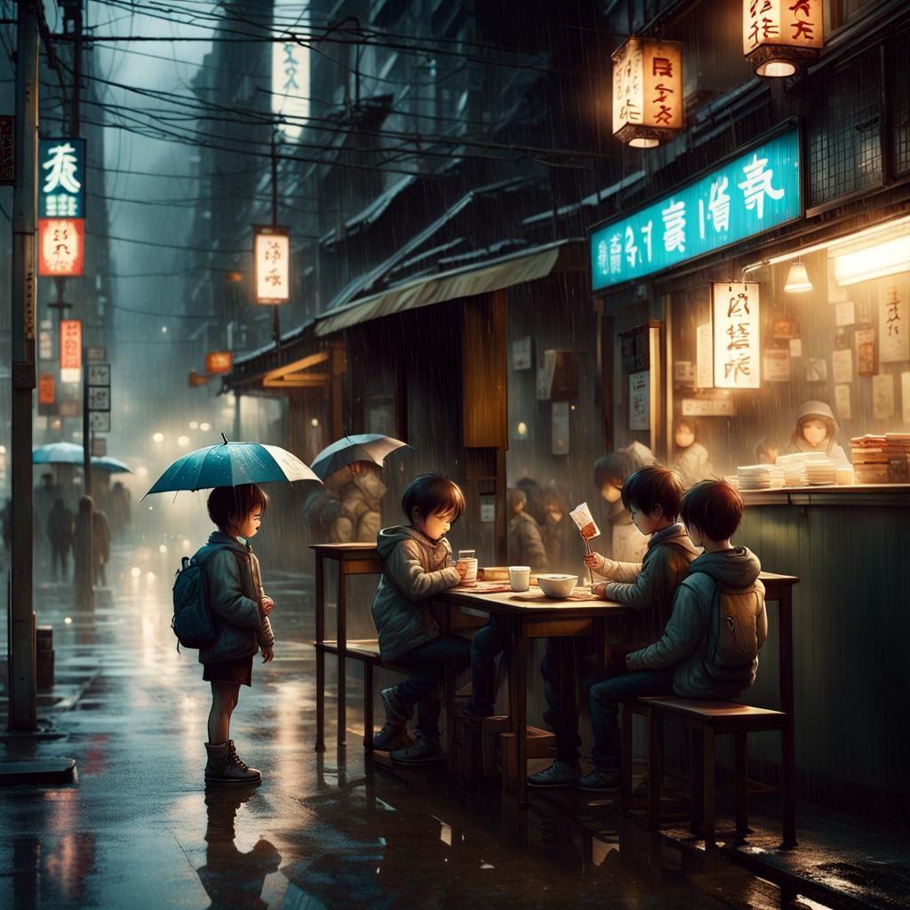 Kids Await Ramen: Rainy Street Scene, Cel-Shaded