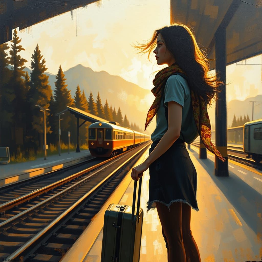 Young woman standing on an old-fashioned train platform with suitcase in hand. Woman
profile full of forest, sea or star...