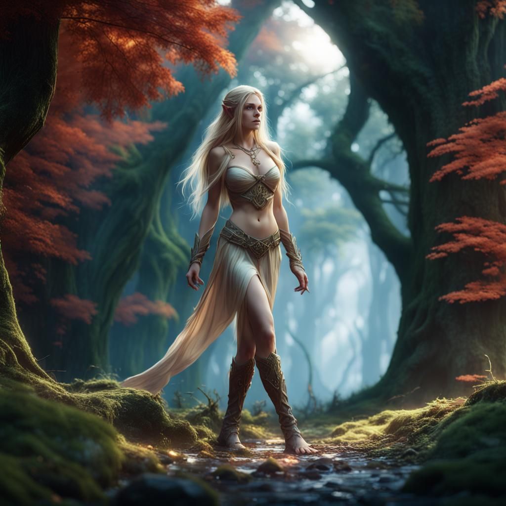 Blond Elf in Forest: Detailed Matte Painting