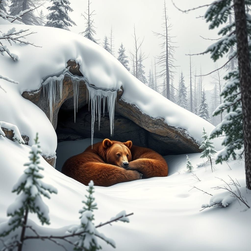 Brown Bears Hibernating in a Winter Cave