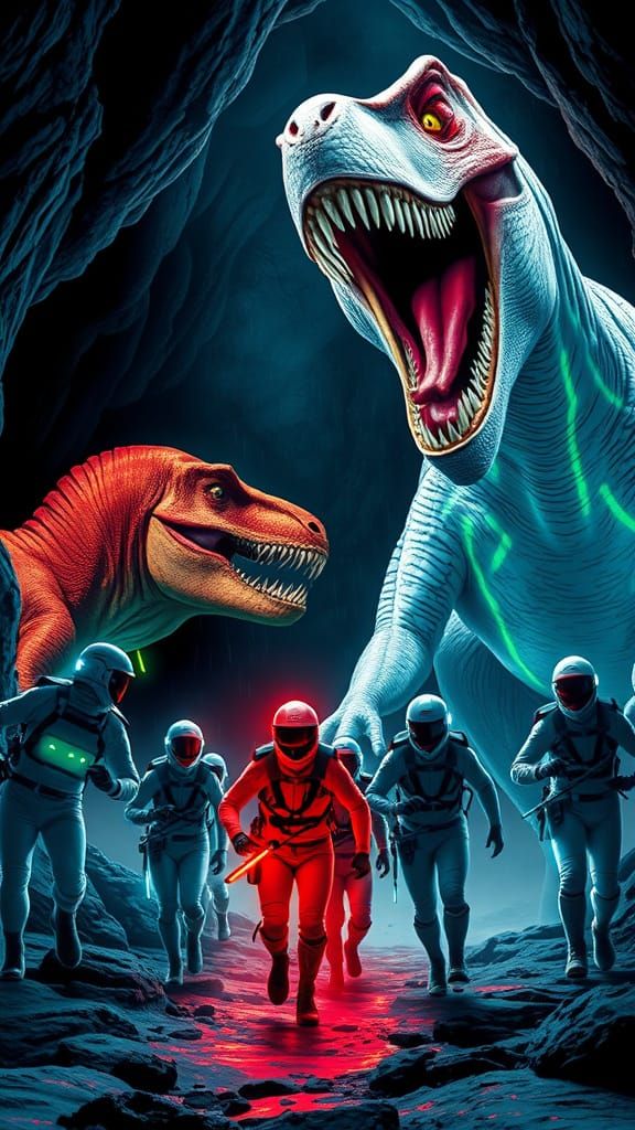White T-Rex Scares Tron Explorers in Cave