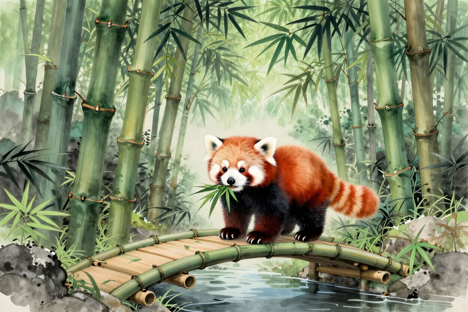 Baby Red Panda on Bamboo Bridge Over Reflective Pond