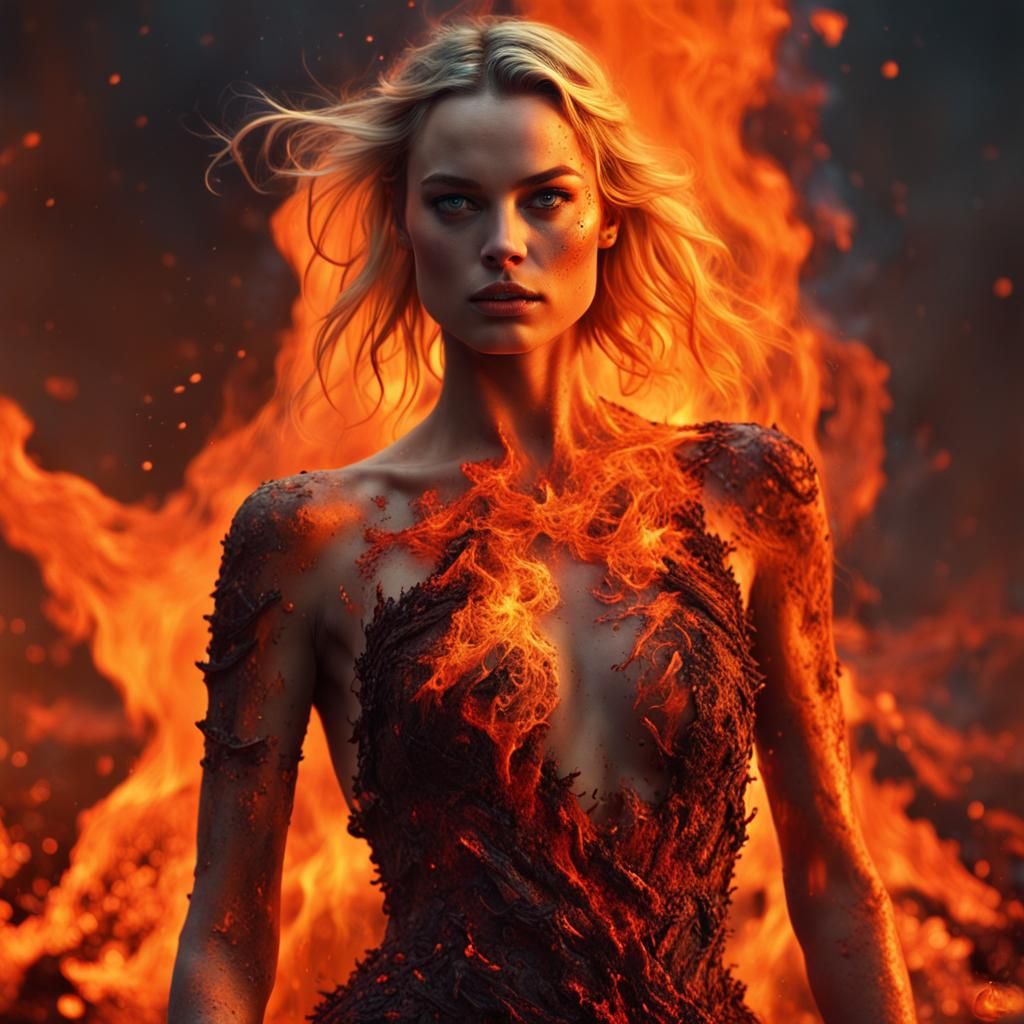 Fiery Woman Emerges from Lava in Digital Painting