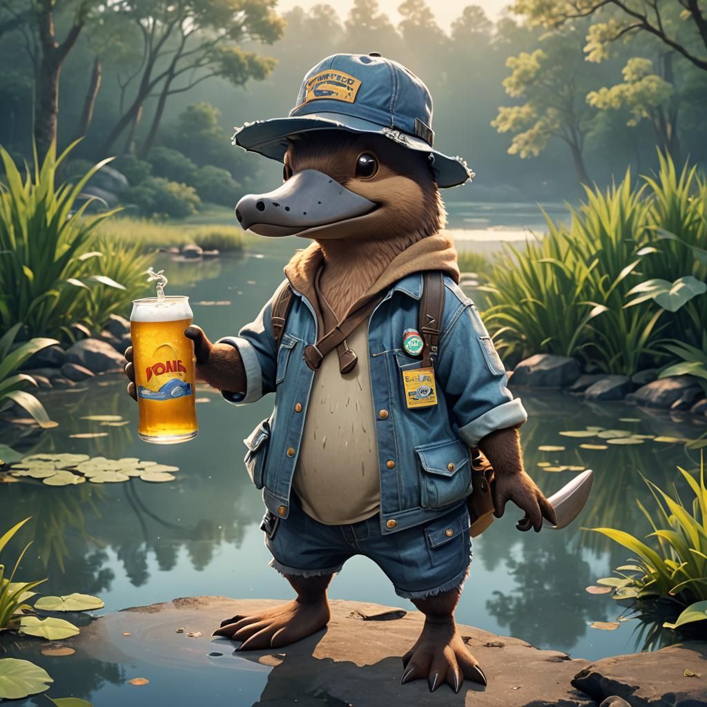 Serene Platypus Pokémon Sips Beer by Tranquil Pond