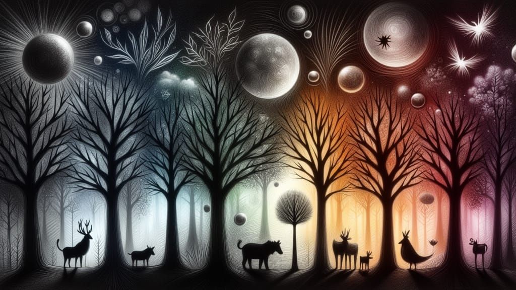 Enchanted Forest: Dark Silhouettes and Wild Creatures