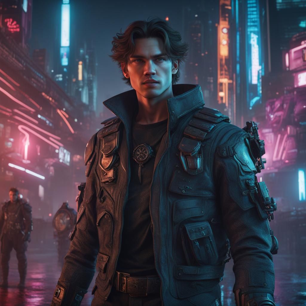 Handsome Man in Cyberpunk Sci-Fi Future