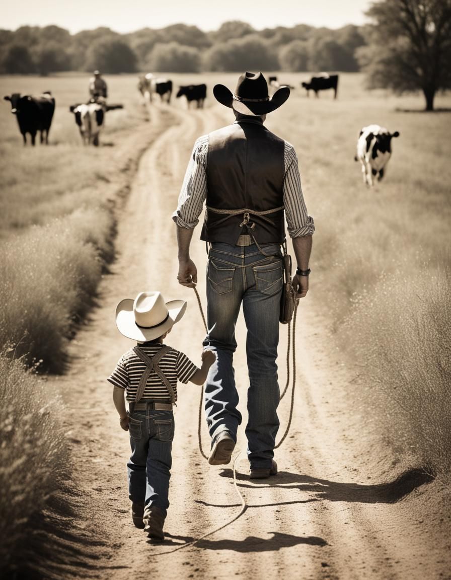 Vintage Sepia Image of Cowboy and Child
