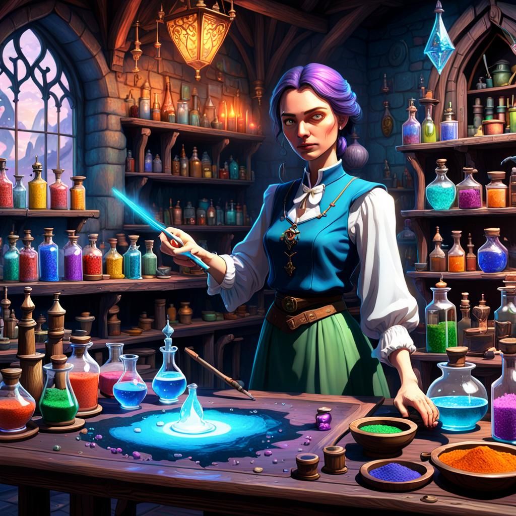 Woman in Colorful Potion Shop Digital Art