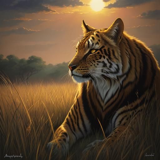 African Lions in Sunlit Savannah: Oil Painting