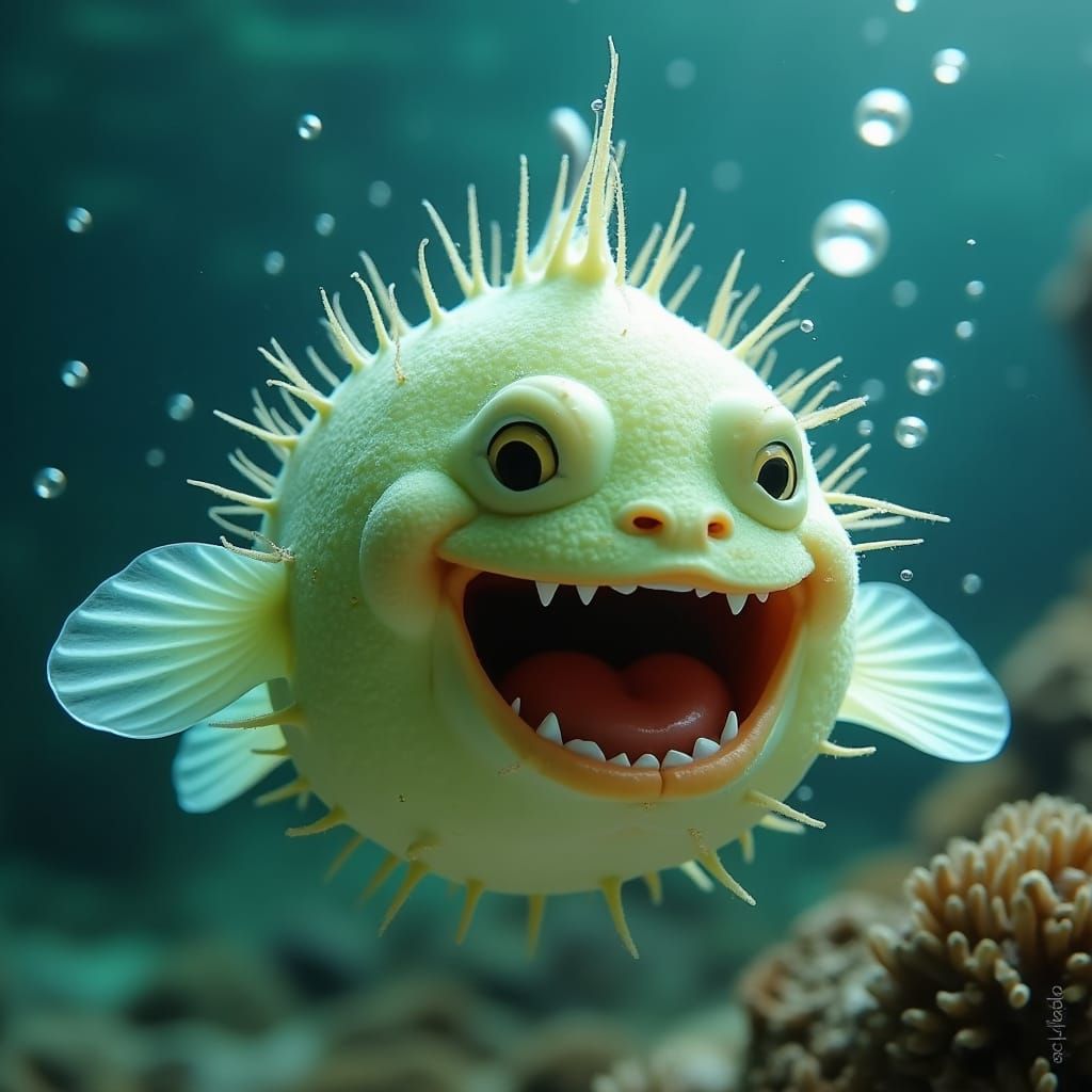Grinning Puffer Fish Close-Up in Light Green Hue